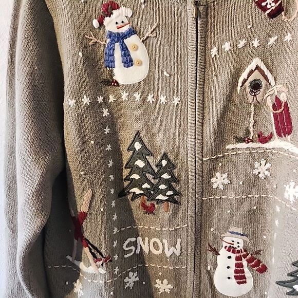 Croft & Barrow Pale Green Snowman Winter Zip Cardigan Sweater Large Petite - Picture 2 of 5